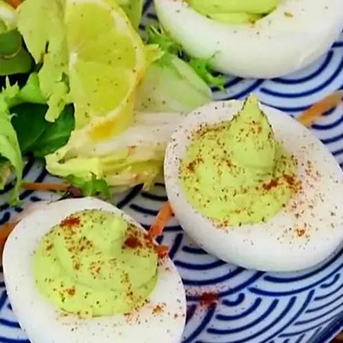 Avocado Deviled Eggs Recipe - Bacon Avocado Eggs | One Dollar Kitchen